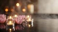 Pink lotus flowers floating on water with glowing candles creating peaceful spa atmosphere for meditation and wellness relaxation treatments.