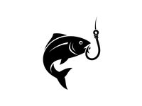 Black fish jumping towards fishing hook silhouette isolated on white background for angling and fishing industry logos and designs.