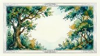 Enchanted forest frame with lush green trees and foliage creating natural border for text or design elements on cream background.