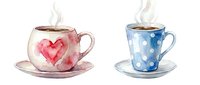 Pair of steaming teacups with heart and polka dot patterns on white background, isolated design elements suitable for greeting cards and merchandise.