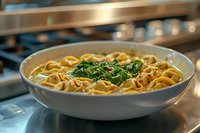 Fresh tortellini pasta in clear broth garnished with chopped parsley and spinach leaves, served in white ceramic bowl. Restaurant quality presentation.