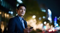 Professional Asian businessman using smartphone on city street at night with bokeh lights background for corporate communication and urban lifestyle concepts.