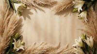 Neutral beige background framed with dried pampas grass plumes and white lily flowers creating elegant natural border for wedding invitations and design projects.
