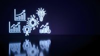 Business growth icons with gears lightbulb charts and money symbols glowing on dark reflective surface for corporate presentations and financial concepts.