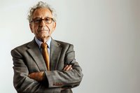 Senior Caucasian businessman in gray suit and orange tie with crossed arms looking confident against light background. Professional corporate portrait.