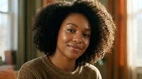 Young African American woman with natural curly hair smiling warmly in cozy sweater by window. Portrait of confident Black female in comfortable home setting.