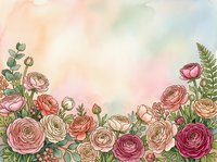 Watercolor floral border with pink ranunculus blooms and green foliage on a soft pastel gradient background, perfect for cards and invitations.