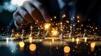 Magical glowing chess pieces on dark background with sparkles and bokeh lights, hand placing figure on board creating mystical atmosphere and strategic concept.