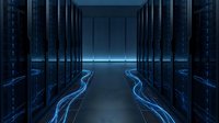 Server room corridor with glowing blue data streams flowing through rows of dark server racks, representing digital infrastructure and network connectivity for technology and cloud computing concepts.