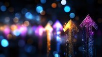 Glowing neon arrows pointing upward with sparkles and bokeh lights on dark background, creating magical atmosphere for business growth concepts.