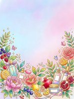 Watercolor floral border with perfume bottles, fruits, roses, peonies, and butterflies on a pastel gradient background with copy space.