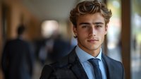 Young confident businessman in formal suit and tie standing in modern office corridor with blurred background for corporate presentations and career content.