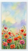 Watercolor wildflower meadow with red poppies and colorful blooms against dreamy rainbow sky background for spring garden design and botanical art projects.