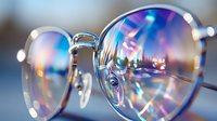 Close-up of stylish round eyeglasses with iridescent rainbow reflections on lenses creating colorful prismatic light effects against blurred background.