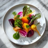 Fresh colorful beet and carrot salad with mixed greens and radishes on white ceramic plate, overhead view on marble surface with natural lighting.