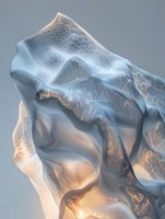 Abstract blue and white translucent material with organic texture and flowing curves, illuminated from within creating a luminous glow against gray background.