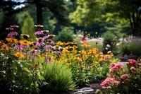 Vibrant summer garden featuring purple coneflowers and yellow black-eyed susans in full bloom, with soft bokeh background perfect for nature photography, landscaping, and garden design inspiration.