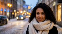Young African American woman with curly hair wearing cream knit scarf smiling on urban street at dusk with warm bokeh lights and historic architecture.