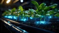 Futuristic hydroponic garden with glowing blue light effects and young green plants growing in modern agricultural system. For technology concept.