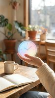Person holding glowing clock above desk with open notebook, coffee mug, and potted plants by sunny window, representing time management and productivity in home office.