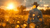Silhouette of rancher in cowboy hat standing against golden sunset with magical bokeh effect and floating particles creating dreamy atmosphere in countryside.