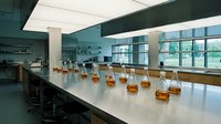 Modern chemistry laboratory with glass flasks containing amber liquid samples arranged on white countertop for scientific research and education.
