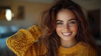 Young woman with bright smile wearing mustard yellow sweater, hand in hair, with soft indoor lighting creating warm atmosphere.
