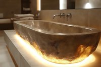 Luxury stone bathtub with warm ambient lighting underneath, modern spa bathroom interior design with contemporary fixtures and neutral tones.