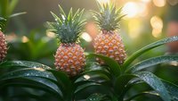 Fresh miniature pineapples growing on plant with green leaves against blurred bokeh background at sunset, exotic tropical fruit farming concept.