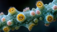 Microscopic view of virus cells with yellow cores and pink spheres surrounded by delicate cyan filaments against dark background, scientific medical visualization.