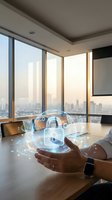 Modern businessman holding holographic cybersecurity lock icon in high-rise office with city skyline view for digital protection and data security concepts.