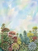 Watercolor succulent garden with colorful flowers and plants against dreamy pastel sky background for botanical art and nature design projects.