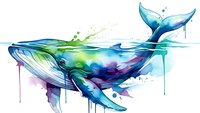 Watercolor whale with vibrant blue green purple hues and paint drips on white background. Marine mammal art for ocean themed designs and decor.