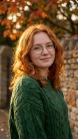 Young Caucasian woman with curly red hair and glasses smiling outdoors in autumn, wearing a green knit sweater with fall foliage background.