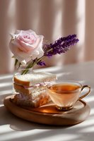 Elegant morning tea setting with pink rose and lavender flowers, sandwich on wooden board, sunlight casting shadows through window blinds. Perfect for cafe menu.