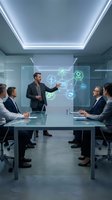 Business executive presenting ESG sustainability strategy with holographic icons to corporate team in modern conference room for environmental reporting.