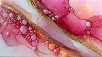 Abstract alcohol ink artwork with flowing pink and coral waves accented by golden glitter lines and organic bubble patterns on white background.