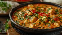 Delicious chicken curry with tender meat pieces, colorful bell peppers and fresh herbs in traditional black pot, perfect for restaurant menu, food delivery or cooking blog promotion.