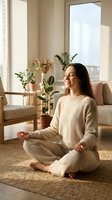 Young woman of mixed ethnicity meditating in lotus position on natural fiber rug in bright, minimalist living room with potted plants and wooden furniture for wellness and lifestyle content.
