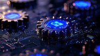 Glowing blue circuit board with metallic gears and electronic components in dark macro photography, highlighting advanced technology and digital innovation.