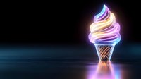 Glowing neon ice cream cone with swirled soft serve in vibrant rainbow colors against dark background with reflection on glossy surface, modern digital art style.