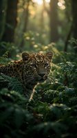 Leopard resting in dense jungle foliage with dramatic sunlight filtering through trees creating atmospheric lighting and natural wildlife habitat scene.