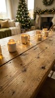 Cozy holiday living room with glowing candles on rustic wooden table, Christmas tree and fireplace creating warm festive atmosphere for seasonal celebrations.