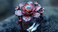 Exquisite floral ring with pink sapphires and diamonds in dark rhodium plated silver setting showcases intricate petals and delicate craftsmanship against moody background.