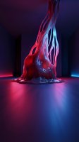 Abstract fluid sculpture with neon red and cyan lighting, dynamic liquid form splashing upward in modern gallery space with dramatic shadows.