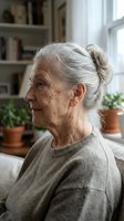 Senior woman with white hair in bun, wearing gray sweater, sitting indoors by window with plants and bookshelves. Portrait for aging, wellness, lifestyle, and senior living concepts.