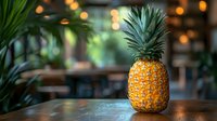 Fresh ripe pineapple on wooden table with blurred restaurant interior and warm bokeh lights creating cozy tropical atmosphere.