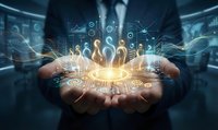 Businessman holding glowing digital network connections and data analytics symbols in cupped hands representing technology innovation and business growth.