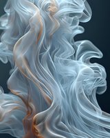Ethereal flowing fabric with copper and silver tones creates dynamic movement against dark background, abstract art composition for luxury design projects.