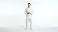 Middle-aged Caucasian male healthcare professional wearing white medical uniform and stethoscope, standing confidently against neutral background for medical, hospital, and clinical applications.